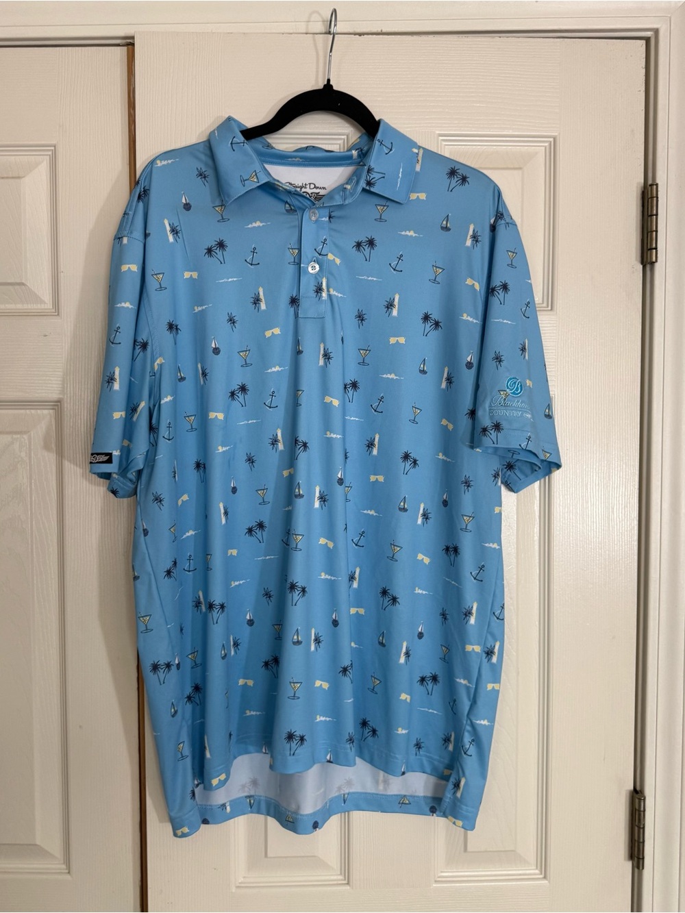 Straight Down Performance Golf Polo Mens Large Blue Tropical Print Shirt